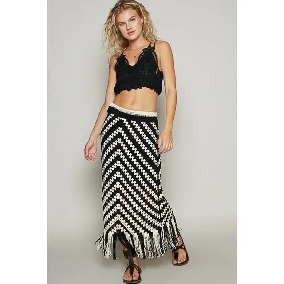 POL Black and Cream Crochet Fringe Maxi Skirt - Picture 6 of 6